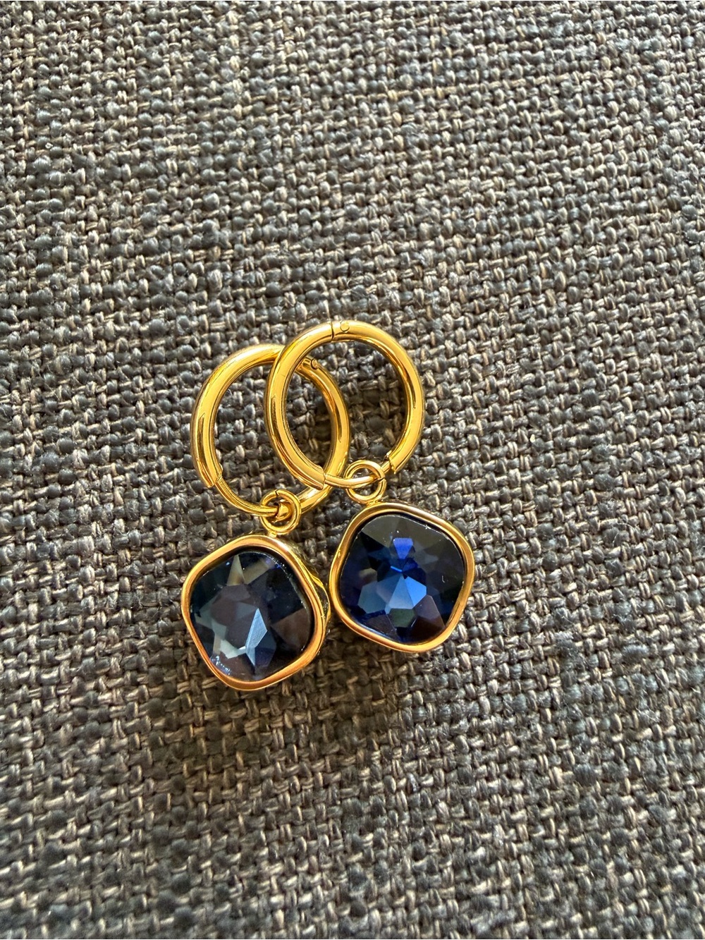Navy Blue Crystal Gold Tone Huggie Drop Earrings - New without tags